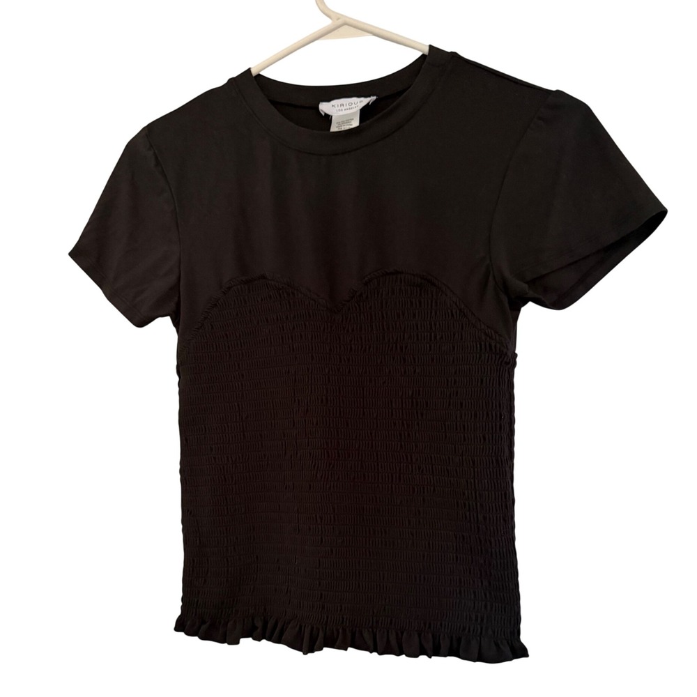 Kirious Los Angeles Womens Small Black Smocked Ruffle Hem Short Sleeve Top